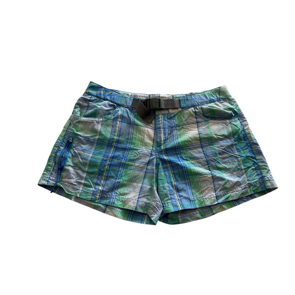 Columbia Omni-Wick Hiking Shorts Womens 4 Blue Green Plaid Belted Nylon Trail